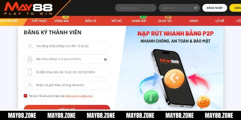 Đăng ký MAY88 - Bước đầu tiên gia nhập thế giới giải trí 2 Điền thông tin đăng ký MAY88